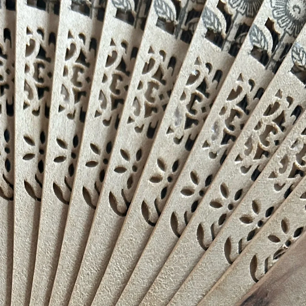 Vintage 1990s Carved Sandalwood Folding Fan – Floral Cutout Design – Boho Decor